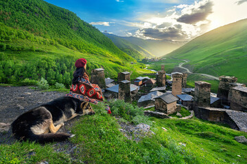 Wall Mural - Tourist enjoy view of Ushguli village in Georgia.