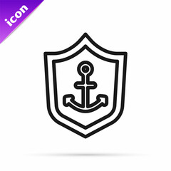 Sticker - Black line Anchor inside shield icon isolated on white background. Vector