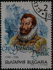 Wall Mural - BULGARIA - CIRCA 1992: a postage stamp from BULGARIA, showing a portrait of the privateer and explorer Francis Drake. Circa 1992