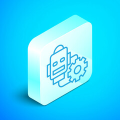 Poster - Isometric line Robot setting icon isolated on blue background. Artificial intelligence, machine learning, cloud computing. Silver square button. Vector