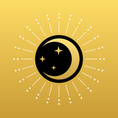 Sticker - Golden crescent moon with stars on black circle ang moonlight ray magic boho vector design.