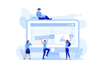 A team of people is developing a website by filling it with functions, concept vector illustration for the development of websites and mobile sites, SEO, mobile applications, business solutions, 