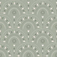 Cute boho seamless pattern in muted sage green color with arches. Vector background in modern bohemian style perfect for scrapbooking, textile, wrapping paper and stationery for kids and adults