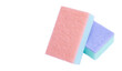 Colorful cleaning sponges for scrubbing dishes or other purposes on white background. Concept : household washing tools, equipment in kitchen.