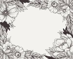 Canvas Print - beautiful hand drawn vintage flowers with framing ornament
