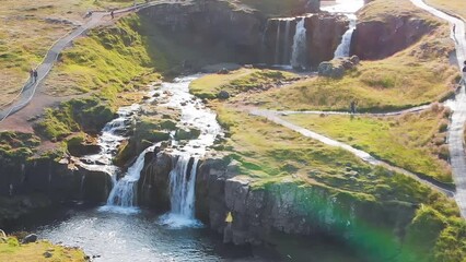 Poster - Kirkjufell Waterfalls aerial view, Iceland in summer season