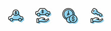 Set Line Time Is Money, Car Rental, And House Key Icon. Vector