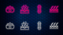 Set Line Oil For Hair Care Treatment, Classic Barber Shop Pole, Gel Wax Styling And Human Follicle. Glowing Neon Icon On Brick Wall. Vector