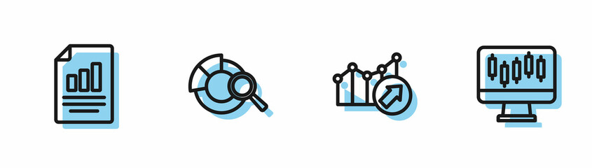 Poster - Set line Financial growth, Document with graph chart, Search data analysis and Stocks market graphs icon. Vector