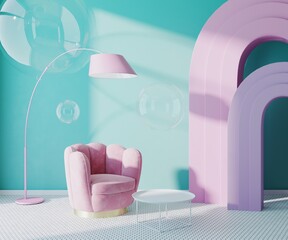 Wall Mural - Colorful interior in pink and blue tones, soap bibbles, 3d rendering