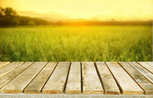 Wooden Table Top On Blur Rice Field Background In Evening.Harvest Rice Or Whole Wheat.For Montage Product Display Or Design Key Visual Layout.View Of Copy Space.