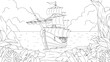 Vector graphics, a three-masted ship sails along the coastline