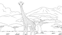 Vector Illustration, A Giraffe Stands In A Clearing Against The Backdrop Of Mountains