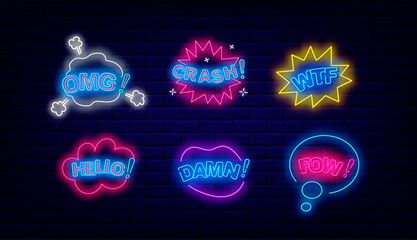 Comics speech bubbles neon signs collection. Omg, wow and crash. Damn, yeah and wtf. Vector stock illustration