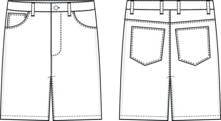 Wall Mural - Jean Shorts Flat Technical Drawing Illustration Five Pocket Classic Blank Streetwear Mock-up Template for Design and Tech Packs CAD Denim