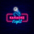Karaoke night neon signboard. Microphone in frame. Talent show. Celebration idea. Song singer. Vector stock illustration