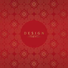 Wall Mural - Red background with gold pattern and flowers, round frame isolated