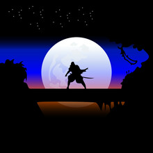 Illustration Vector Graphic Of Samurai Training At Night On A Full Moon. Perfect For Wallpaper, Poster, Etc.