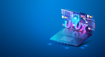Leinwandbilder - Mobile UI/UX development design concept neon design of mobile applications. Laptop with interface elements on a blue background. Innovations and technologies. Set of tools for creating user interface