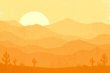 An Abstract Desert Landscape Of Mountains And Cacti, In A Cut Paper Style With Textures
