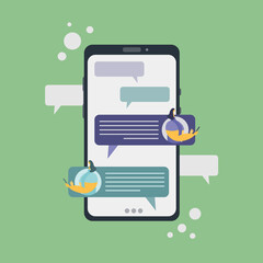 Poster - Friends chat on phone. Messaging via phone. Chatting in messenger. Social Media chat and communication concept. Friends Characters with speech bubbles. Vector illustration