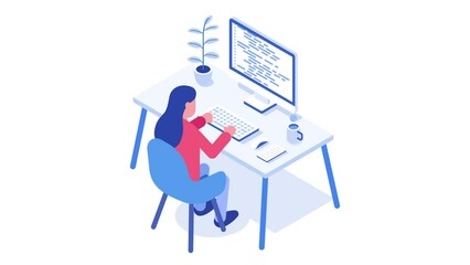 Female programmer at work concept. Woman working on desktop computer. Looped animation. 4K resolution.