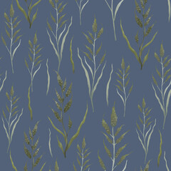 Wall Mural - Botanical seamless pattern with green delicate leaves on blue background. Floral illustrations for scrapbooking, wallpapers, textile, packaging, fashion, background.