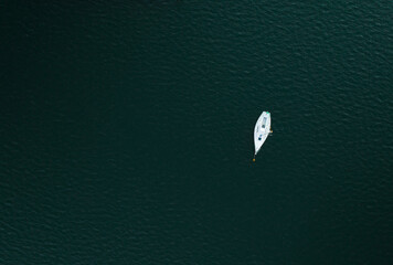 Poster - Aerial view of Boats moored to the shore, marina. Drone View of yachts on the lake. The concept of sailing yachts, boats on the lake, sea.