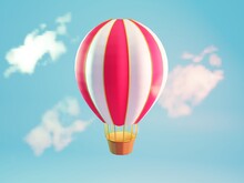 Colorful Hot Air Balloons Fly In Blue Sky And Clouds, Summer Vacation Concept Minimal Style. 3d Render Illustration