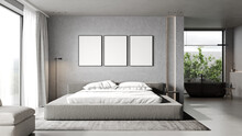 Poster Frames Mock Up In Modern Bedroom Interior In Gray Tones, 3d Rendering