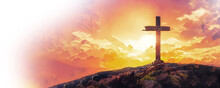 Silhouetted Christian Cross Silhouette On The Mountain At Sunset. Good Friday Christian Concept. Digital Painting, Oil Paint Effect.	