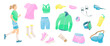 © alessia - Women running and set elements about jogging in summer time, sportswear, stopwatch, sneakers, tracker, water bottle, headphones, sunglasses, cap, sunscreen.vector colour illustration
