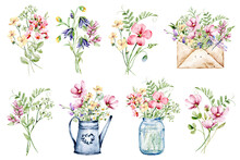 Floral Set Watercolor Flowers Hand Drawing, Floral Vintage Bouquet With Wildflowers. Decoration For Poster, Greeting Card, Birthday, Wedding Design. Isolated On White Background.