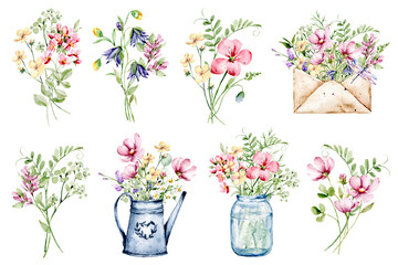 Floral set watercolor flowers hand drawing, floral vintage bouquet with wildflowers. Decoration for poster, greeting card, birthday, wedding design. Isolated on white background.