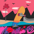 Summer vector illustration, landscape, skateboard on the beach, curb graffiti