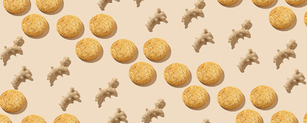 Wall Mural - Ginger Cookies with poppy in pattern on the beige pastel background. No sugar. Top view of ginger protein cookies.Healthy Cookies with poppy. Continous pattern, isolate, flat lay, hard light, minimal