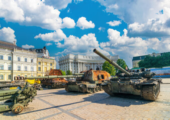 Captured russian tank and self-propelled artillery destroyed during Russian invasion of Ukraine in 2022. Kyiv, Ukraine