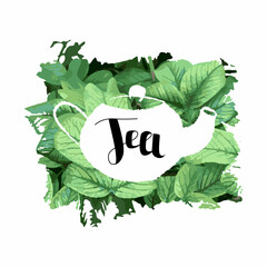 Vector illustration isolated abstract layout of label for tea product. It depicted leaves and teapot, lettering tea. Concept of hot beverages, decoration.