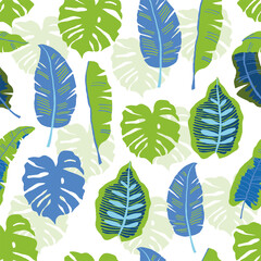 Wall Mural - Vector seamless pattern with tropical leaves on white background. Holiday seamless pattern, tropical texture