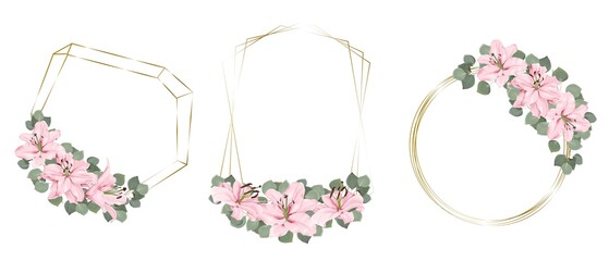 Wall Mural - Vector floral set of frames. Gold frames, pink lilies, eucalyptus. Set of elements for wedding design 
