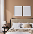 Bright bedroom mockup, rattan wooden bed in a beige background, black frame mock up in a neutral colors room interior, 3d render