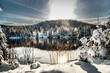 winter scene abroad a lake in rural country of Quebec, Canada