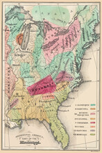 An Enhanced, Restored Reproduction Of A Map Of The Location Of Native American Populations In The United States On The East Coast. Published Circa 1849 But Reflects Around 1600. 