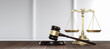Law Legal System Justice Crime concept. Mallet Gavel Hammer and Scales on table. 3d Render illustration