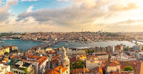 Wall Mural - Panoramic view of Istanbul skyline with Golden Horn strait at sunset