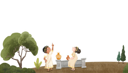 illustration of ancient Greek people pointing at the sky