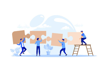 Wall Mural - Business concept. people connecting puzzle elements. Symbol of teamwork, cooperation, partnership vector. flat design modern illustration