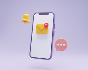 3D Render mail envelope with bubble chat and notification bell for messaging app