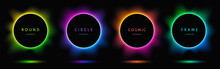 Blue, Red-purple, Green Illuminate Light Frame Collection Design. Abstract Cosmic Vibrant Color Circle Border. Top View Futuristic Style. Set Of Glowing Neon Lighting Isolated On Black Background.