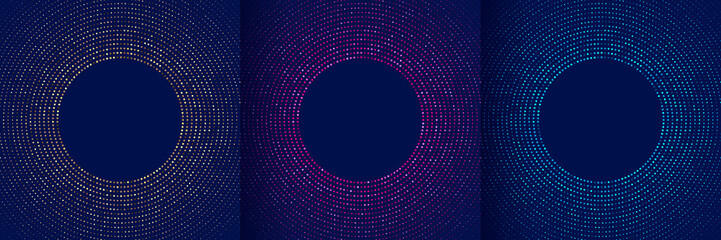 Wall Mural - Set of abstract pink, blue, green, golden glowing light dot glitter radial pattern on dark blue background. Collection of illuminate dots halftone. Futuristic technology concept. Vector illustration
